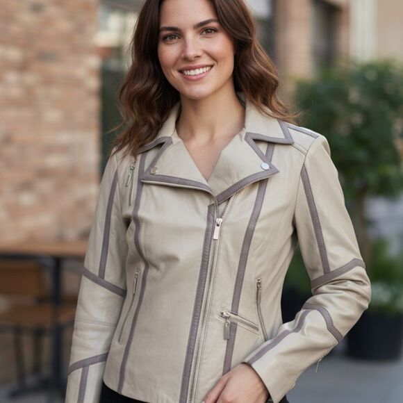 Bebe retro Leather jacket beige /taupe lots of details - Picture 1 of 16